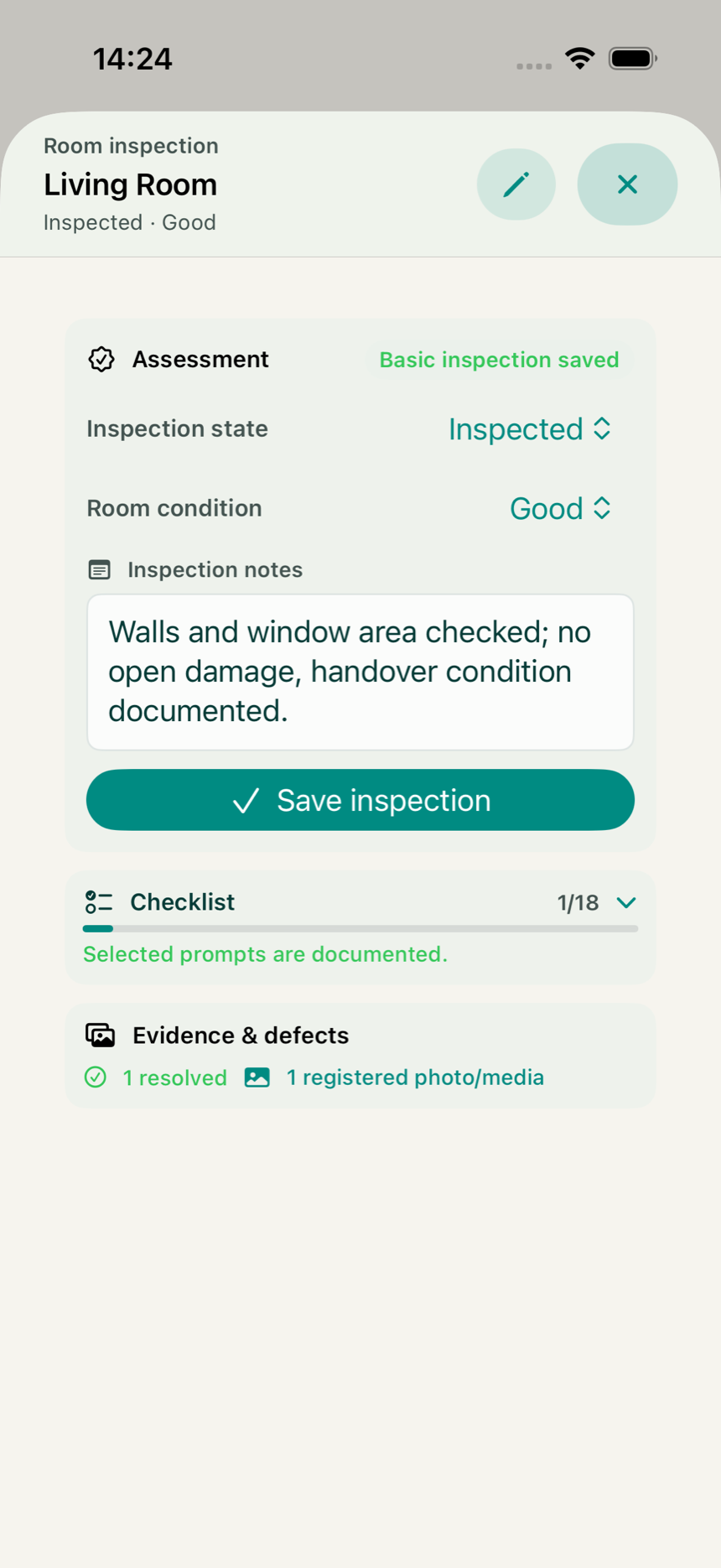 Guided room inspection in the KeyClear app with check status, checklist and documented defects