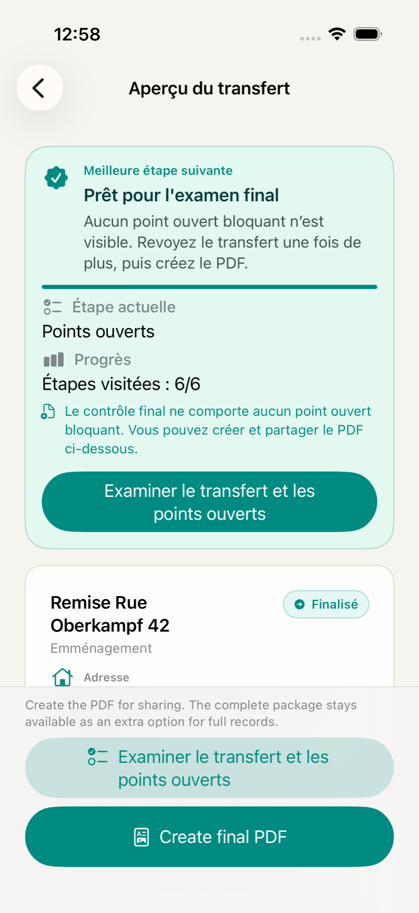 Vue d'ensemble d'un état des lieux dans l'app KeyClear avec statut du contrôle final, progression et points ouverts