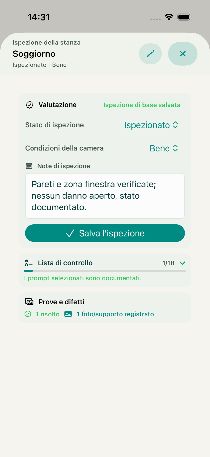 Ispezione guidata di una stanza nell'app KeyClear con stato, checklist e difetti documentati