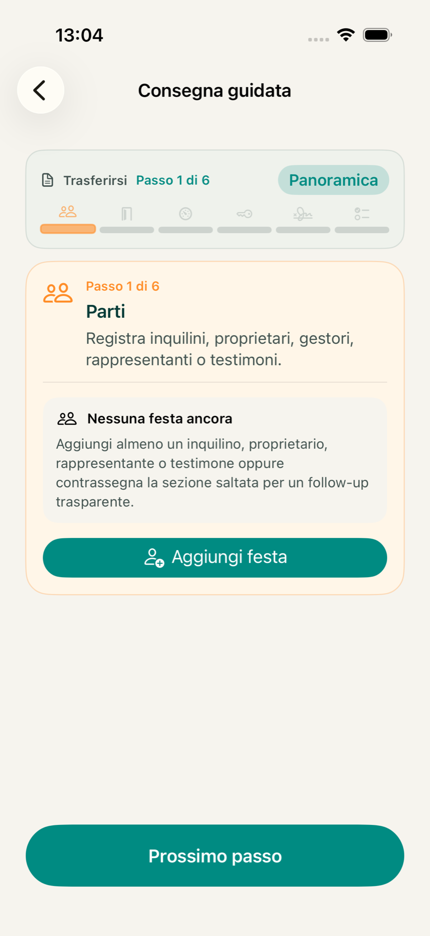 Schermata iniziale del percorso guidato nell'app KeyClear con i passaggi dall'ingresso alla chiusura