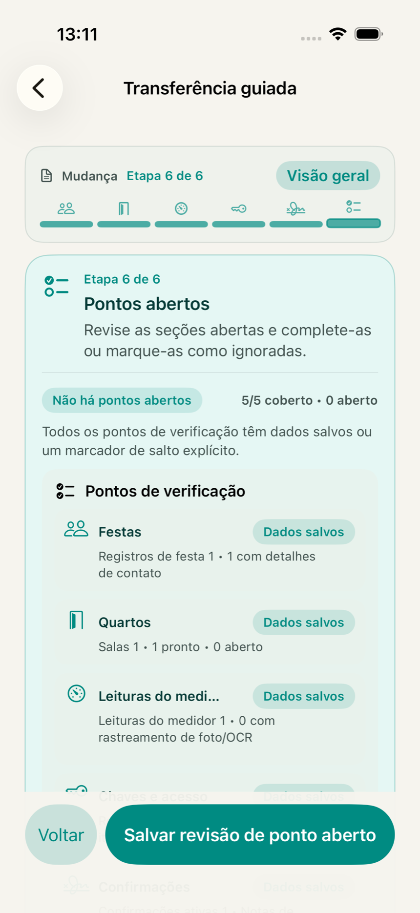 Verificação final no app KeyClear com avisos, bloqueios e informações faltantes antes da exportação